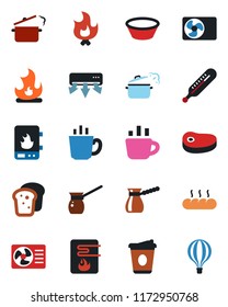 Color and black flat icon set - coffee vector, fire, thermometer, air conditioner, bread, steak, bowl, steaming pan, turkish, water heater, balloon