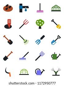 Color and black flat icon set - job vector, garden fork, shovel, farm, rake, watering can, sickle, plant label, greenhouse, seeds, drip irrigation, fruit tree