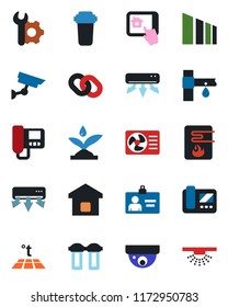 Color and black flat icon set - identity card vector, drip irrigation, sorting, chain, root setup, air conditioner, smart home, water heater, intercome, control app, filter, warm floor, surveillance