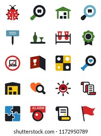 Color and black flat icon set - no laptop vector, contract, lady bug, plant label, blood test vial, heart diagnostic, warehouse, search cargo, application, sertificate, alcohol, wine card, alarm led