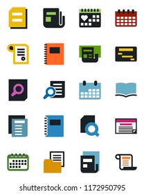 Color and black flat icon set - book vector, document search, calendar, medical, folder, news, copybook, schedule, contract