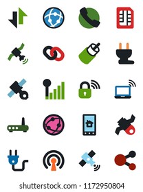 Color and black flat icon set - wireless notebook vector, satellite, network, chain, rca, call, sim, data exchange, cellular signal, power plug, lock, router, home control app, social media