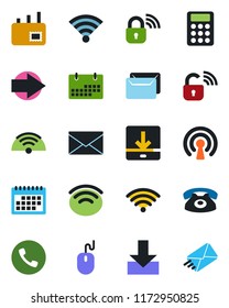 Color and black flat icon set - phone vector, right arrow, mail, mouse, download, wireless, calendar, calculator, lock