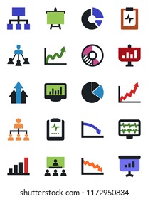 Color and black flat icon set - hierarchy vector, presentation board, circle chart, monitor pulse, clipboard, statistics, bar graph, pie, arrow up, growth, crisis