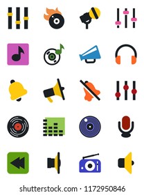 Color and black flat icon set - vinyl vector, flame disk, microphone, radio, speaker, loudspeaker, settings, equalizer, headphones, rewind, tuning, bell, mute, music, sound