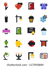 Color and black flat icon set - left arrow vector, pennant, butterfly, garden light, heart, tulip, bell, desk lamp, restaurant table, candle, snowflake, outdoor, door, pennon, certificate