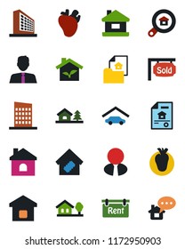 Color and black flat icon set - office building vector, house, real heart, with tree, garage, estate document, rent, sold signboard, search, agent, smart home, city, eco, message