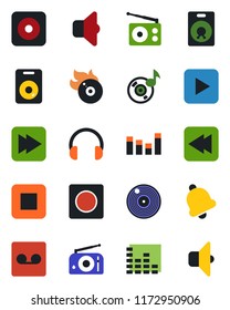 Color and black flat icon set - vinyl vector, flame disk, radio, equalizer, headphones, speaker, play button, stop, fast forward, rewind, rec, bell, record, music, sound