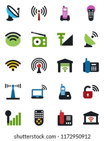 Color and black flat icon set - antenna vector, wireless notebook, office phone, satellite, radio, remote control, cellular signal, lock, garage gate