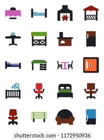 Color and black flat icon set - cafe vector, bed, checkroom, office chair, desk, bench, fireplace, bedroom, children room, cushioned furniture, restaurant table, alcove, fridge