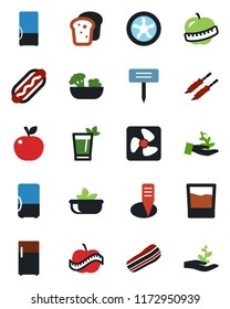 Color and black flat icon set - plant label vector, diet, fridge, drink, phyto bar, salad, bacon, bread, kebab, hot dog, apple fruit, fan, palm sproute