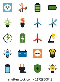 Color and black flat icon set - battery vector, protect, charge, desk lamp, windmill, socket, power plug, bulb, energy saving, idea