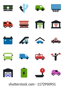 Color and black flat icon set - dispatcher vector, airport bus, alarm car, ladder, ambulance, route, railroad, truck trailer, delivery, heavy scales, garage, gate control, battery