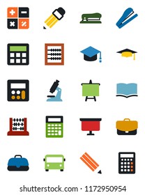 Color and black flat icon set - airport bus vector, book, calculator, graduate, abacus, presentation board, microscope, pencil, stapler, case