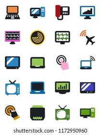 Color and black flat icon set - plane radar vector, wireless notebook, pc, monitor pulse, tv, touch screen, laptop, hdmi, statistics, intercome