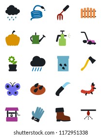 Color and black flat icon set - garden fork vector, fence, watering can, glove, boot, lawn mower, butterfly, rain, well, hose, knife, axe, pumpkin, seeds, caterpillar, sprayer, flower in pot