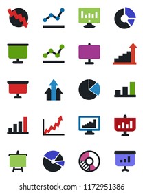 Color and black flat icon set - growth statistic vector, presentation board, crisis graph, monitor, circle chart, statistics, bar, pie, point, arrow up