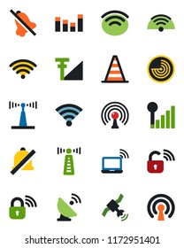 Color and black flat icon set - antenna vector, wireless notebook, border cone, radar, satellite, equalizer, mute, cellular signal, lock