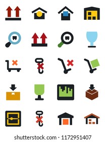 Color and black flat icon set - fragile vector, cargo, warehouse storage, up side sign, no trolley, hook, package, search, scanner