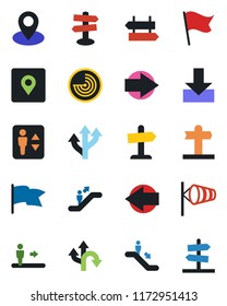Color and black flat icon set - elevator vector, escalator, signpost, right arrow, left, wind, radar, route, pin, download, place tag, flag, guidepost