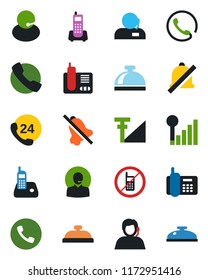 Color and black flat icon set - phone vector, no mobile, reception bell, office, 24 hours, support, radio, call, mute, cellular signal