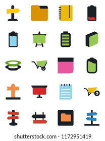 Color and black flat icon set - signpost vector, notepad, presentation board, wheelbarrow, battery, low, folder, blank box, plates, guidepost