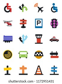 Color and black flat icon set - airport tower vector, plane radar, taxi, bus, parking, signpost, alarm car, border cone, helicopter, disabled, route, traffic light, truck trailer, guidepost