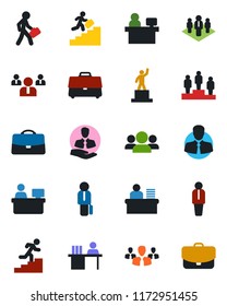 Color and black flat icon set - manager vector, pedestal, team, place, client, case, desk, career ladder, company, group