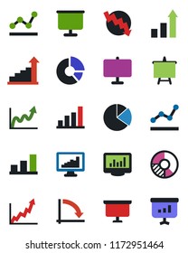 Color and black flat icon set - growth statistic vector, presentation board, crisis graph, circle chart, monitor statistics, bar, pie, point