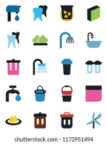 Color and black flat icon set - trash bin vector, shower, bucket, tooth, blank box, water supply, bathroom, serviette, filter, windmill
