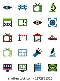 Color and black flat icon set - barrier vector, tv, alarm car, seat map, bench, monitor pulse, microscope, eye, torch, plan, alcove, scan