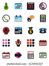 Color and black flat icon set - right arrow vector, calendar, circle chart, microphone, menu, calculator, phone, home message, money bag