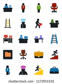 Color and black flat icon set - manager vector, desk, place, ladder, folder, career, cook, office chair, case