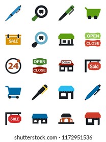 Color and black flat icon set - 24 around vector, shop, pen, store, search cargo, sale, sold signboard, cafe building, open close, cart, storefront