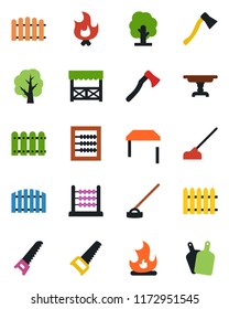 Color and black flat icon set - fence vector, tree, saw, fire, hoe, axe, abacus, table, alcove, cutting board