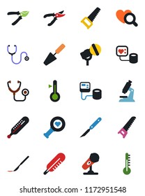 Color and black flat icon set - trowel vector, pruner, saw, stethoscope, blood pressure, thermometer, heart diagnostic, microscope, scalpel, microphone