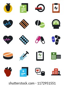 Color and black flat icon set - heart pulse vector, diagnosis, syringe, blood pressure, pills, blister, tomography, real, clipboard, hospital