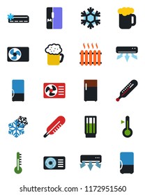 Color and black flat icon set - thermometer vector, heater, air conditioner, fridge, drink, beer, snowflake
