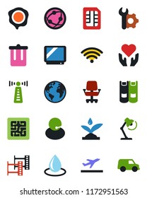 Color and black flat icon set - antenna vector, departure, trash bin, book, stamp, water drop, heart hand, earth, support, film frame, tv, network, sim, root setup, desk lamp, wireless, chip, car