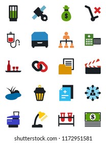 Color and black flat icon set - hierarchy vector, pond, diagnosis, blood test vial, dropper, hospital, satellite, folder document, no trolley, clapboard, chain, desk lamp, archive box, copier, drink