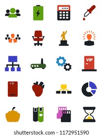 Color and black flat icon set - pedestal vector, circle chart, pumpkin, dropper, real heart, phone back, sd, book, vip zone, router, combination lock, battery, group, gear, shining head, hierarchy