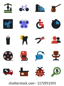 Color and black flat icon set - pruner vector, butterfly, lady bug, well, hose, fireplace, bike, disabled, caries, reel, group, stopwatch, cut, office chair, book, building, moving, candle