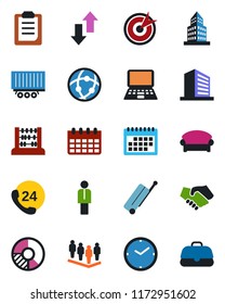 Color and black flat icon set - suitcase vector, waiting area, manager, office building, team, abacus, notebook pc, calendar, circle chart, 24 hours, truck trailer, network, data exchange, clipboard