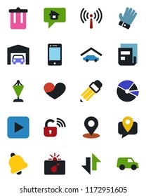 Color and black flat icon set - antenna vector, trash bin, bomb in case, pennant, glove, mobile tracking, cell phone, heart, play button, bell, data exchange, place tag, pie graph, news, pencil, car