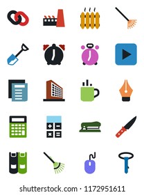 Color and black flat icon set - hot cup vector, alarm clock, office building, book, calculator, mouse, document, shovel, rake, chain, play button, ink pen, stapler, heater, factory, knife, tie
