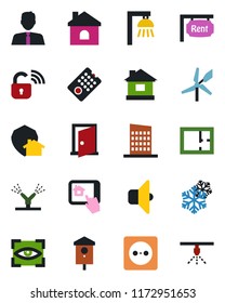 Color and black flat icon set - house vector, bird, plan, rent, estate agent, city, socket, wireless lock, remote control, irrigation, snowflake, home app, outdoor lamp, sound, eye scan, protect