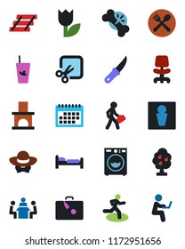 Color and black flat icon set - suitcase vector, male, bed, office chair, garden knife, fireplace, run, broken bone, tulip, cut, calendar, meeting, paper tray, manager, fruit tree, washer, cafe