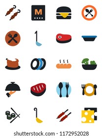 Color and black flat icon set - spoon and fork vector, cafe, menu, salad, plates, waiter, bread, chicken, steak, kebab, hamburger, ladle, bowl, sushi, cheese