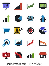 Color and black flat icon set - growth statistic vector, crisis graph, monitor statistics, pie, hr, target, consumer search, arrow up, cart, presentation, storefront