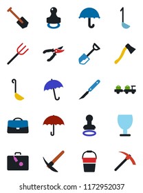 Color and black flat icon set - suitcase vector, umbrella, stamp, baggage larry, job, shovel, farm fork, bucket, pruner, axe, scalpel, fragile, case, ladle, hard work